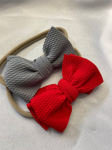 Red and Gray 2 Piece Large Soft Elastic Baby Girl Bow